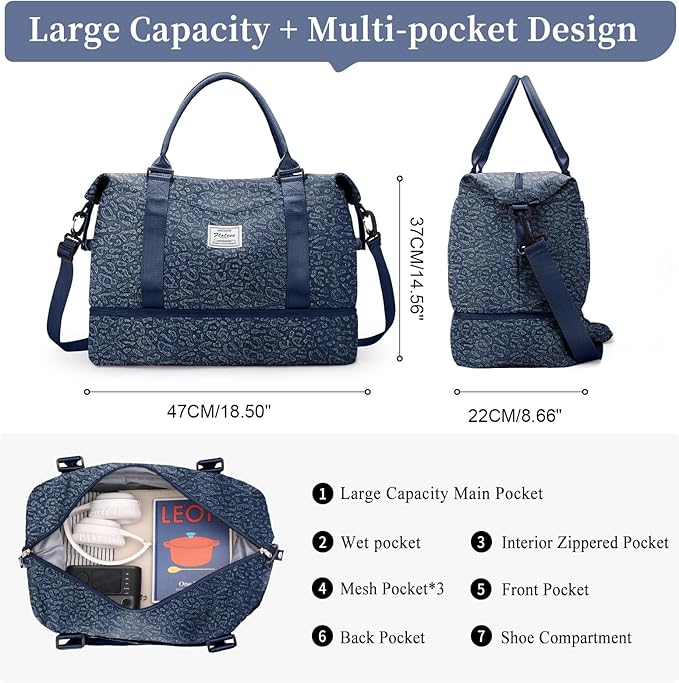 Weekender Bags for Women,Personal Item Travel Bag with Shoes Compartment,Overnight Travel Duffel Bag with Toiletry Bag,Denim Dark Blue