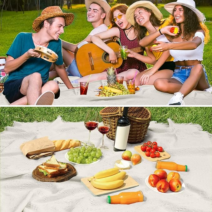 Hahafelt Extra Large Outdoor Picnic Blanket Oversize Beach Woven Cotton Yarn Blanket with Fringe Machine Washable Sandproof Portable for Spring Summer Camping Beach Park (Beige)