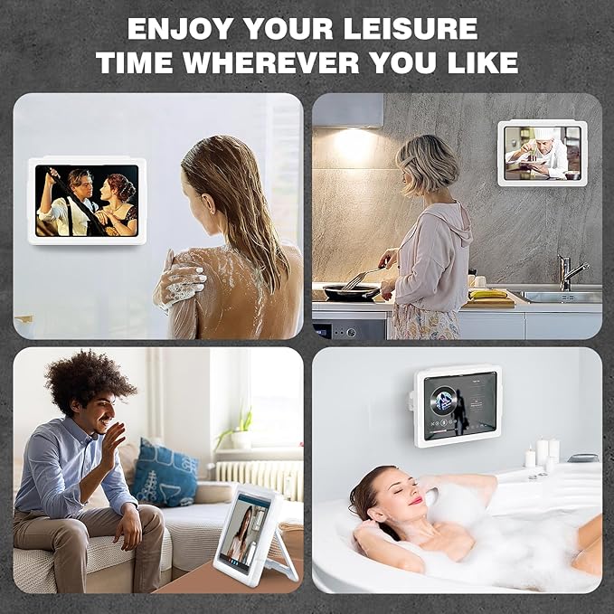MoKo Shower Tablet Holder, Stretchable Waterproof iPad Holder Fit All Devices Up to 11", 360° Rotation Tablet Wall Mount Holder with Anti-Fog Touchable Screen, 2 Placement Modes, for Bathroom Kitchen
