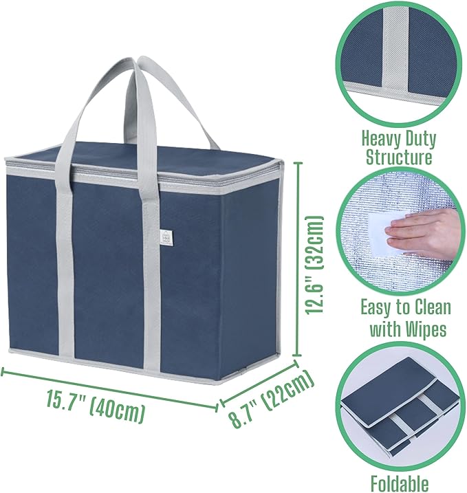 VENO 3 Pack Cooler Bag Insulated Reusable Grocery Shopping Bag, Food Delivery, Heavy Duty, Large Size, Durable Handles, Double Zippers, Lid, Collapsible (Dark Blue, 3 Pack)