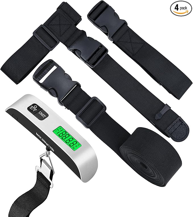 Luggage Straps for Suitcases - 4 pcs Travel Accessories, Heavy Duty Adjustable Suitcase Straps with Add a Bag Strap, Multi-Suitcase Luggage Connector Straps (Luggage Scale + 3 Pack Luggage Belt)