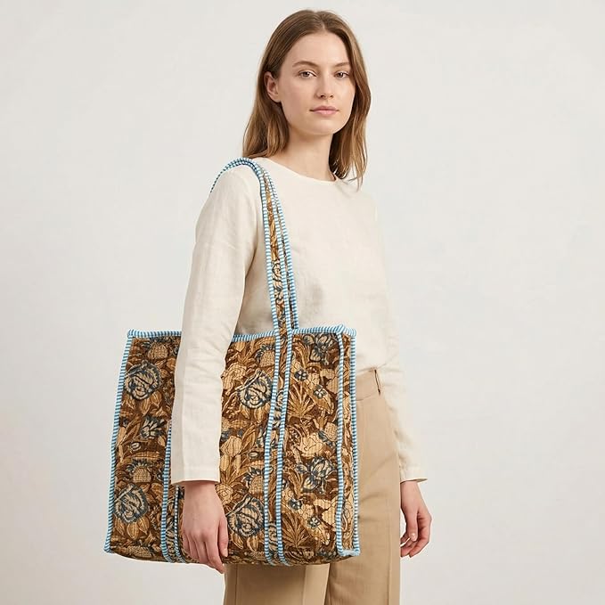 ATOSII Women Handblock Print Quilted 100% Cotton Floral Large Shoulder Tote Bag with Pocket, Zipper for Work, Beach & Travel
