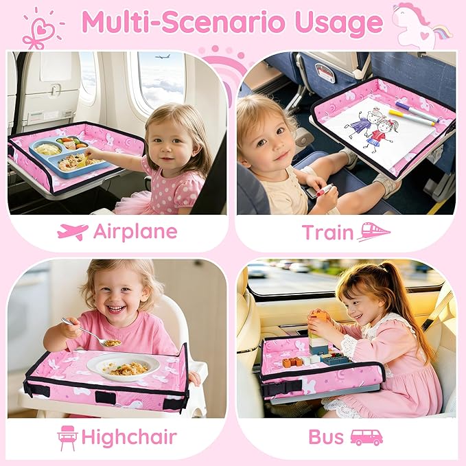 Kids Travel Tray Table Cover with Pockets – Airplane Essentials for Toddlers, Portable Activity Organizer for Plane, Train Car & Highchair, Machine Washable (Pink)