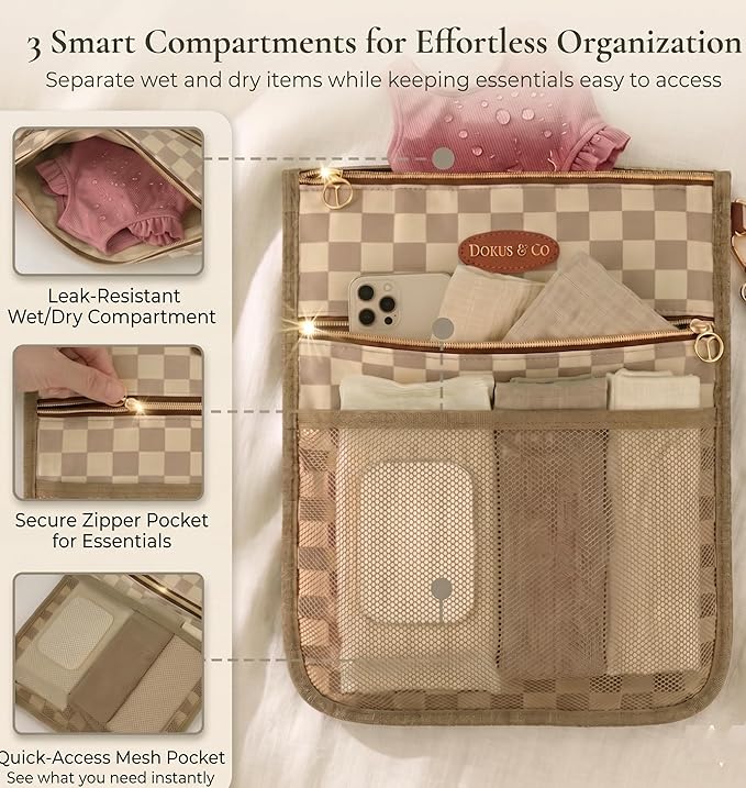 DOKUS & CO Premium Wet Dry Diaper Clutch – Structured Waterproof Baby Organizer with Wrist Strap + Matching Washable Wet Bag