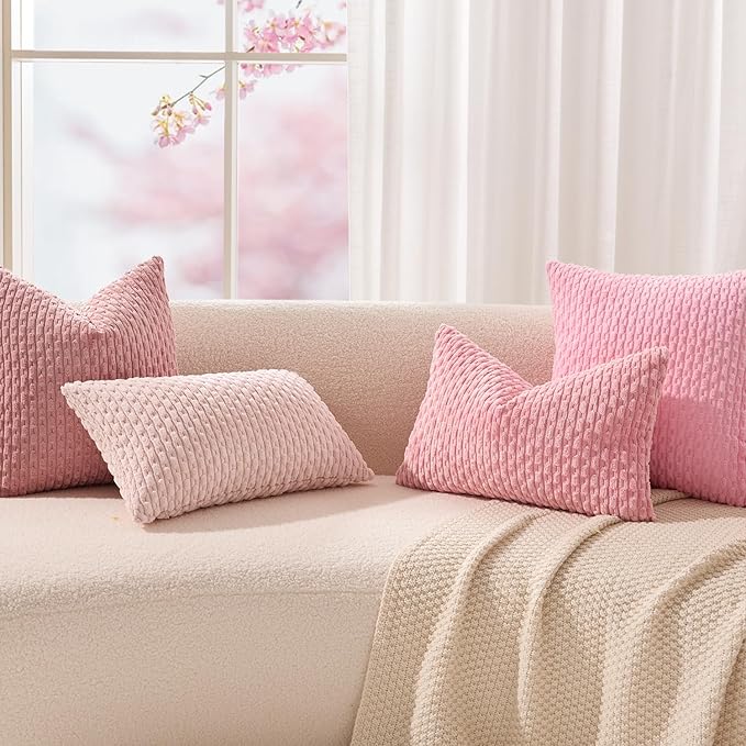 Kevin Textile Valentines 14x20 Inch Pillow Cover 1 Pack Boho Decorative Soft Striped Corduroy Lumbar Farmhouse Accent Rectangle Cushion Case for Living Room Couch Sofa Bed, Pink
