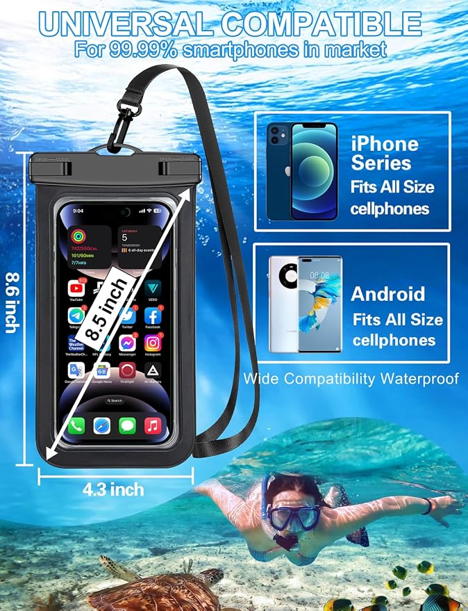 Famoby 3 Pack White Waterproof Phone Pouch, Phone Waterproof Case,Cell Phone Dry Bag,Protection Level: IP68,Beach Cruise for iPhone,Samsung,and More,Lanyard Included,(Fits Up to 8.3"),White