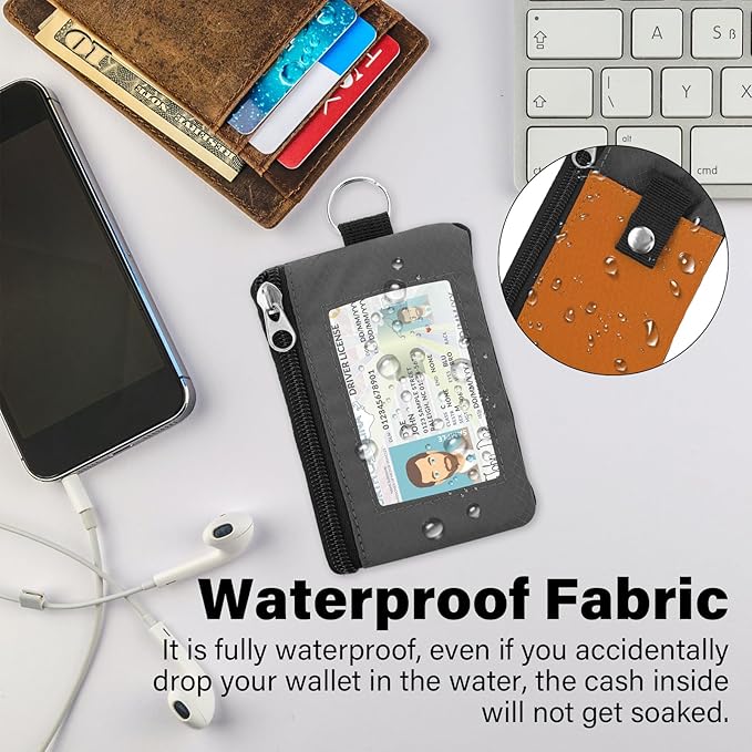 Minimalist RFID Wallet with Lanyard, Multi-functional ID Case with 2 Zipper Pockets and Key Chain for Men and Women, Tactical Badge Pouch Cards Holder, Coin Purse for Travel Sports - Gray&Orange