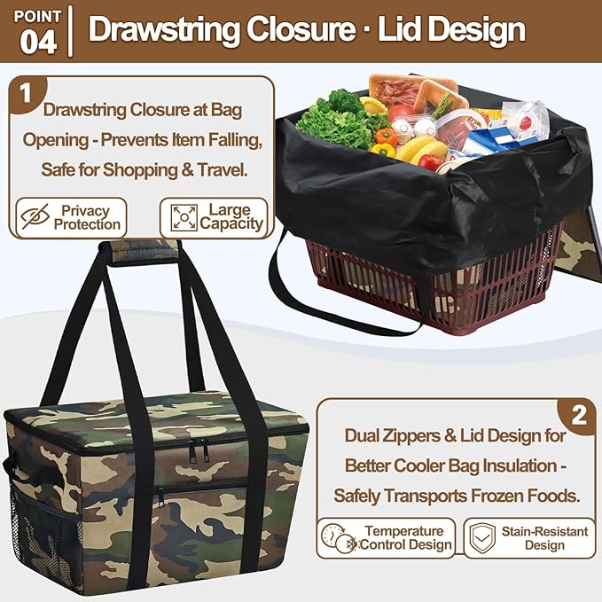 Reusable Grocery Bag – Expandable Insulated Cooler Bag with Bottom Board, Collapsible Insulated Shopping Bag with Zipper & Drawstring, Heavy Duty Tote Bag for Shopping, Delivery, Picnic, Beach