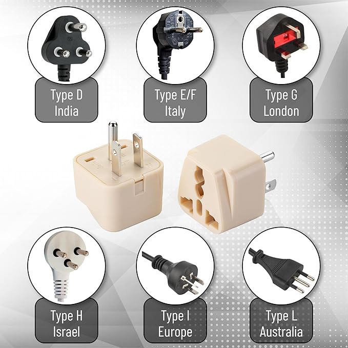 Bates- Universal Travel Plug Adapter, 2 Pack, Beige, Converts EU/UK/AU/Asia Plugs to USA Outlet, Europe to US Plug Adapter, UK to US Outlet, Compact Design for Home, Office
