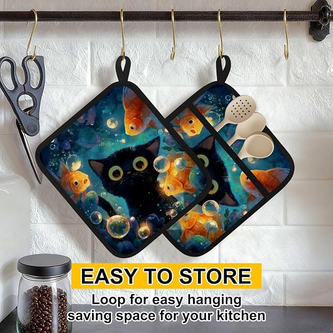 Underwater Cat and Fishes Pot Holders with Pockets 2 PCS, Heat Resistant Oven Mitts Hot Pads for Kitchen Baking Cooking, Square Thick Pot Holders Kitchen Hot Potholders, 8.5x10 Inches