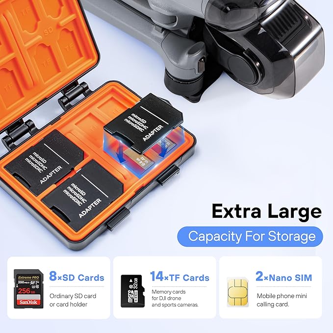 Tomat 24 Slots Mirco SD Card Case Water-Resistant Anti-Shock Card Storage Case for DJI Mini 5 pro/Mini 4k/Mini 3/Pocket 3/Osmo Action and RC, Support 8 SD Cards 14 Micro Cards and 2 Nano Sim Cards