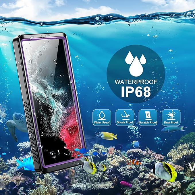 SPIDERCASE Designed for Samsung Galaxy S22 Ultra Case, Waterproof Built-in Screen Protector Full Protection Heavy Duty Shockproof Case, Purple/Clear