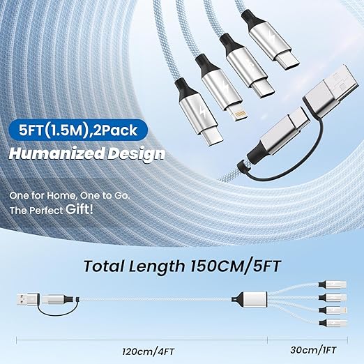 Upgrade 4 in 2 Multi Charging Cable, USB C Cable with 3 X Type-C/IP, Travel Holiday Essentials Phone Charger Cord for iPhone 17/16/15/14, Galaxy, Android (2Pack 5FT)