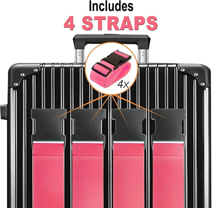 Luggage Straps for Suitcases TSA Approved Travel Belt 4 Pack by Chelmon (Rose Red)