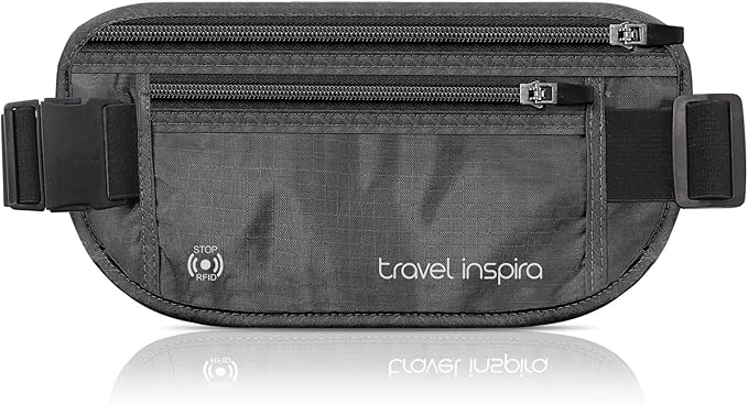travel inspira Travel Money Belt with Anti-Theft Zipper Upgrade Larger Slim Travel Pouch with RFID Blocking Fabric to Protect Credit Cash, Passports, and Documents, Black