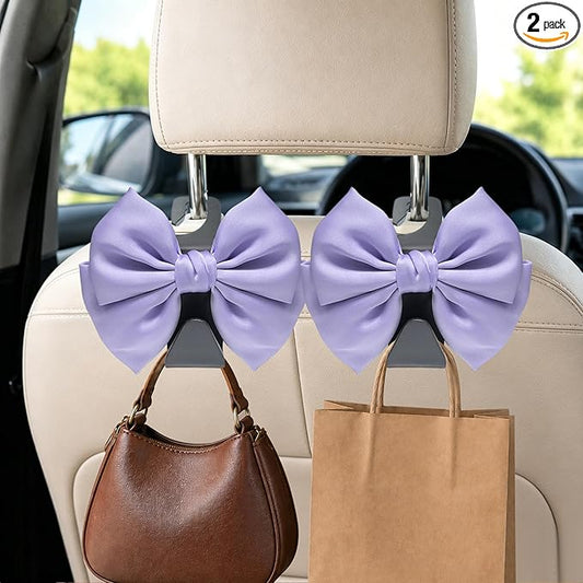 2 Pack Car Purse Hooks, Cute Bow Car Seat Headrest Hook Hanger for Purses and Bags, Space-Saving Car Accessory (Light purple)