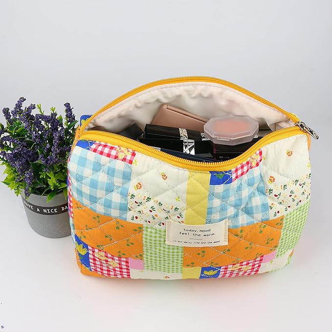 VIWIME Makeup Cosmetic Bag, Large Cotton Quilted Travel Coquette Aesthetic Cute Floral Make up Bag for Women Toiletry Bag Organizer (108- Puzzle / 2Pcs)