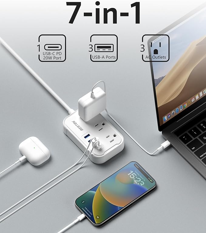BESTEK US to India Plug Adapter: Type D Travel Adapter Power Strip with 3 AC Outlets and 4 USB(1 PD20W) - for USA to India Bangladesh Maldives Nepal Pakistan 2.6ft