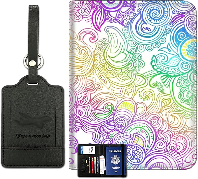 Passport Wallet, Passport Holder with RFID Blocking and Luggage Tag, Waterproof PU Leather Travel Documents Organizer Case, Passport Covers with Card Slot for Women Men,Colorful Mandala Passport Book