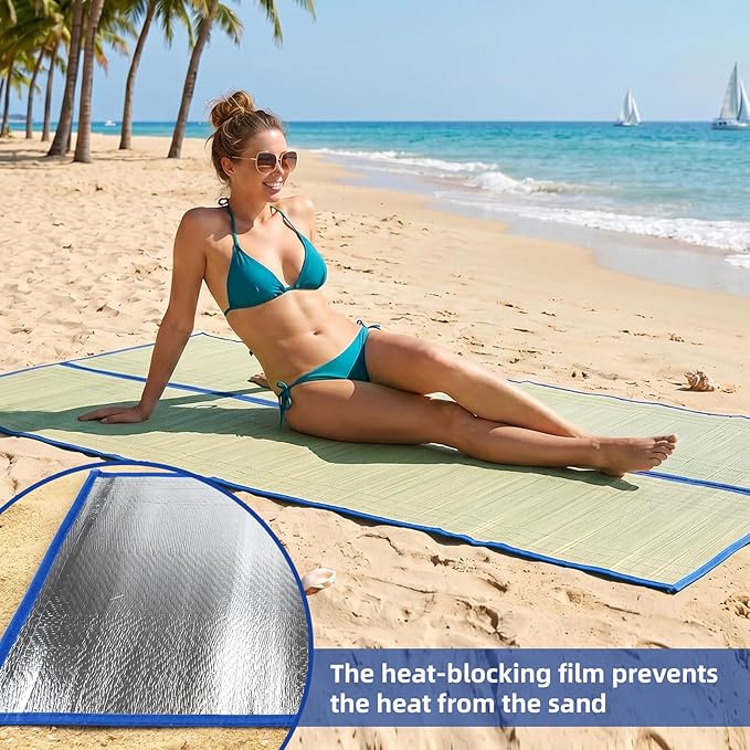 U0U 70x31.5inch Straw Beach Mat with Heat Insulation Aluminum Film,Foldable Breathable Natural Straw Mat for Insulate Beach Heat and Beach Picnic Camping Tent Crawling Yoga