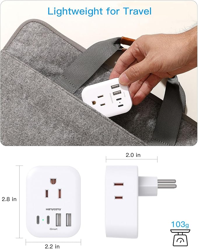 Type N Plug Adapter Brazil 2 Pack, HANYCONY Braizl Power Adapter with 4 Outlets 4 USB Ports (2 USB C), Type N Travel Adapter for US to Brazil Brazilian Brasil
