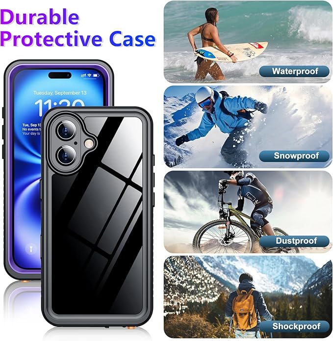 Compatible with iPhone 16 Case Waterproof, Built-in Screen & Camera Protector IP68 Underwater Full Body 16FT Military Dropproof Shockproof Phone Case 6.1"-Purple/Clear