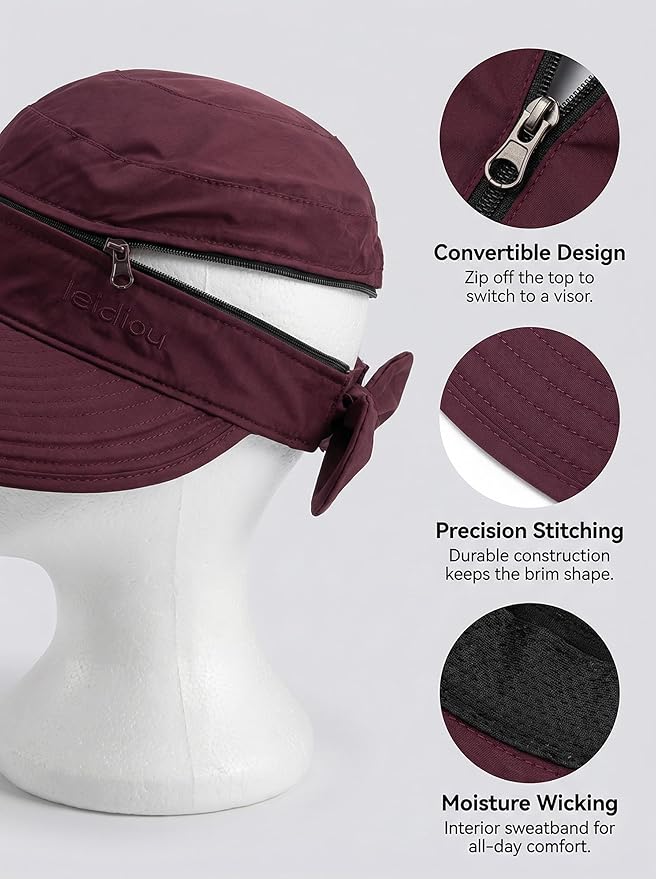2-in-1 Women’s Sun Visor Sun Hat Zipper Off Ponytail Friendly, Lightweight Quick Dry, Summer UV Protection