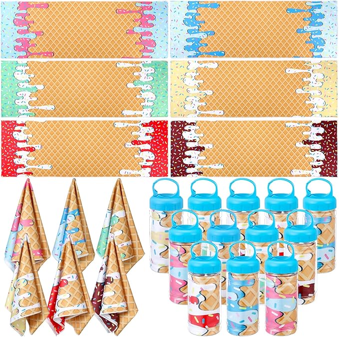 Hahafelt 12 Pack Ice Cream Drip Baseball Cooling Towels for Boys, Ice Cream Print Sports Towels with Bags, 40"x12" Breathable Chilly Towel, Colorful Summer Microfiber Towel for Sport Team Gift Beach