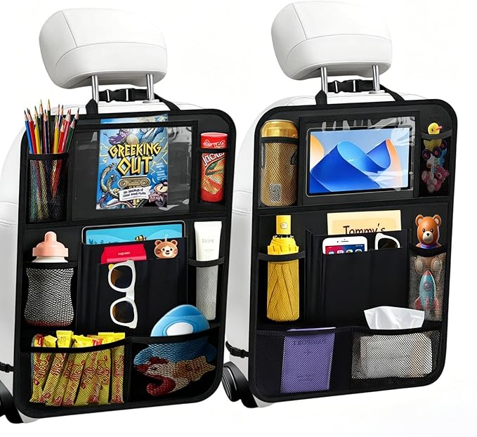 TCJJ Car Backseat Organizers with 10" Touch Screen Tablet Holder&9 Storage Pockets,Back Seat Organizer for Kids Waterproof Car Seat Organizer,Black/2 Pack