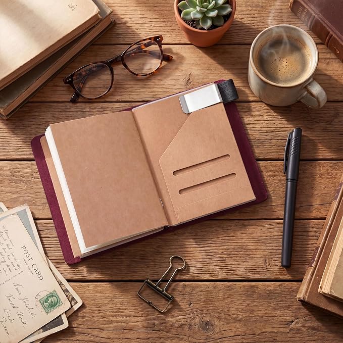 Thenshop Travelers Refillable Leather Journal Notebook Travel Diary Handmade Passport Travelers Journal for Men and Women with 3 Notebook Inserts, Pen Holder, Binder Clip (Purple,Passport Size)