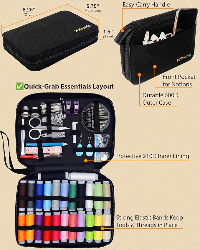 Vellostar Sewing Kit for Adults & Beginners – Portable Needle & Thread Travel Kit w/ 24 Thread Colors, Needles, Scissors & Sewing Supplies for Emergency Clothing Repairs, Buttons, & Home Mending
