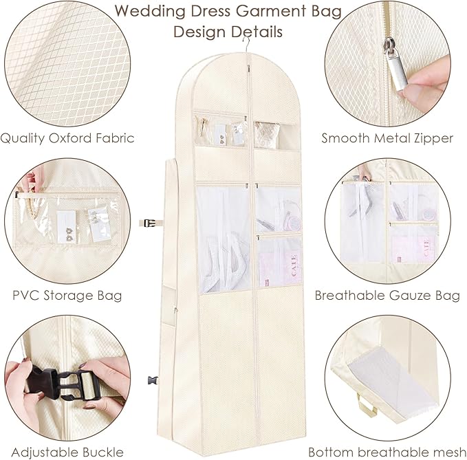KEEGH 72" Wedding Dress Garment Bag - Tri-Fold Design Bridal Dress Bag with Shoulder Strap & Handle, Heavy-Duty Checkered Oxford Fabric for Long Wedding Gowns & Formal Gown Storage, Beige