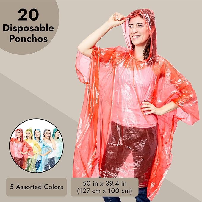 Juvale Rain Ponchos for Adults - One Size (50 x 39.4 In) Hooded Plastic - 5 Vibrant Colors - 20-Pack Disposable Ponchos Family Pack for Camping, Hiking & Travel
