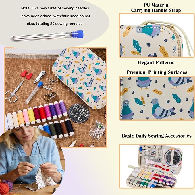 Pigeon Cartoon Sewing Kit with 130PCS Basic Sewing Supplies Accessories | Printing Professional Travel Sewing Kit for Adults,Emergency,Arts Craft & Beginners