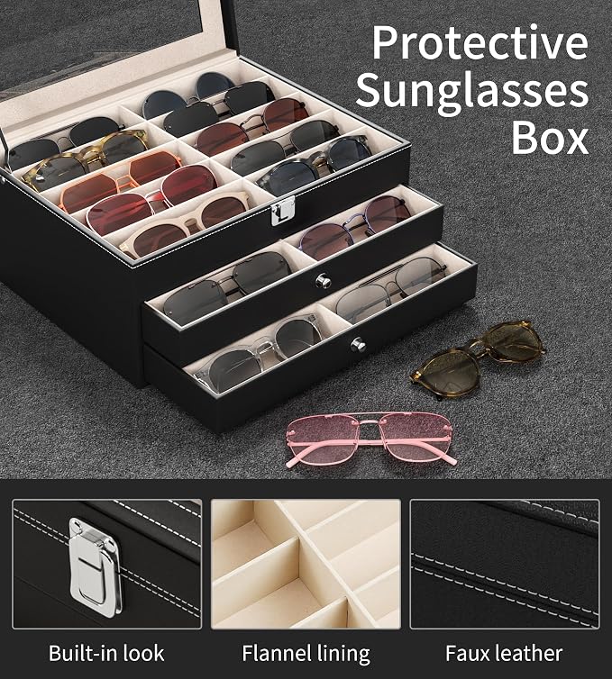 NEWLOOP 10/30 Slots Sunglass Organizer for Multiple Pairs of Eyeglass See-through Display Case Storage Box for Women Men