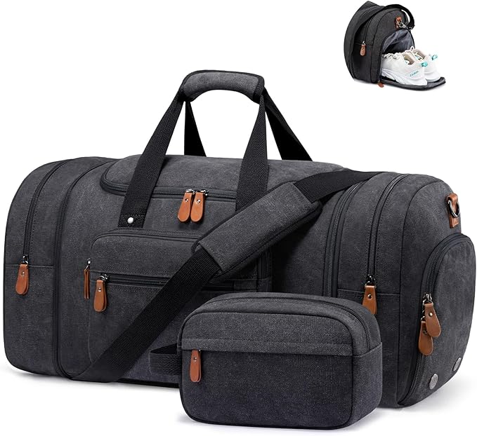 Sucipi Canvas Travel Duffel Bag for Men, Weekend Overnight Bag with Shoe Compartment and Toiletry Bag, Carry-On for Airplanes, Dark Grey