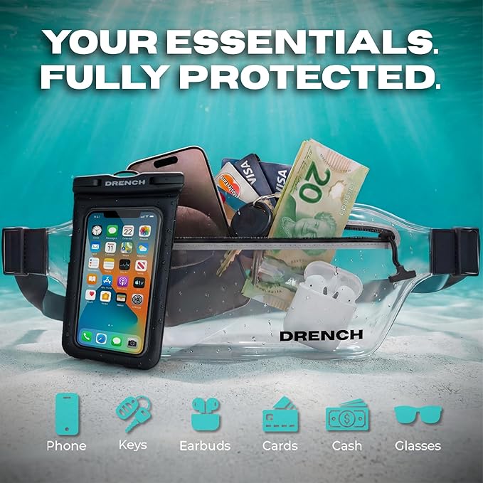 DRENCH 100% Waterproof Clear Bag | Touchscreen Waterproof Fanny Pack Crossbody Phone Case, IPX8 Underwater Pouch for Swimming, Beach, Concerts & Stadium Events | Fits iPhone 15 Pro Max | iPhone