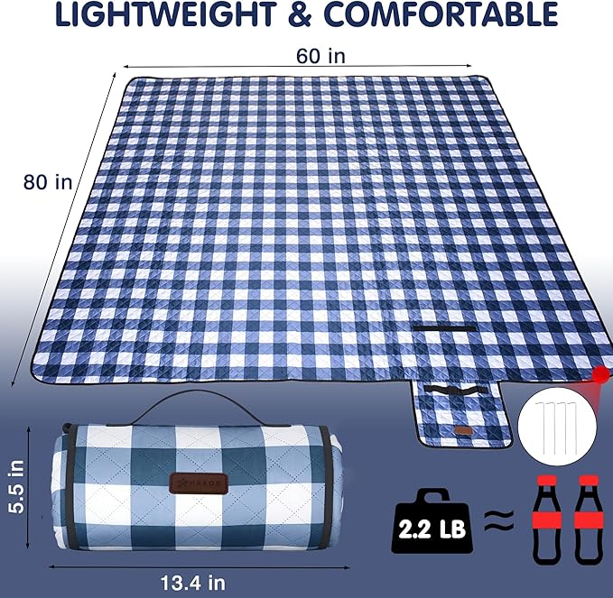 HX&OD Outdoor Picnic Blanket, Extra Large, 80''x60'' Waterproof Foldable Blankets Gingham Picnic Mat for Beach, Camping Grass Lawn Park Accessories Cute Couple Ideas Wedding (Blue, 80”x60”)