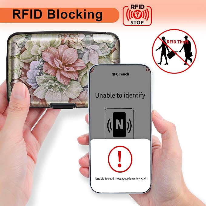 Mayski 2 Pack Credit Card Holder, RFID Blocking, Happy Flower Aluminum Alloy Hard Case, Small Mini Business Metal Wallet for Women Men