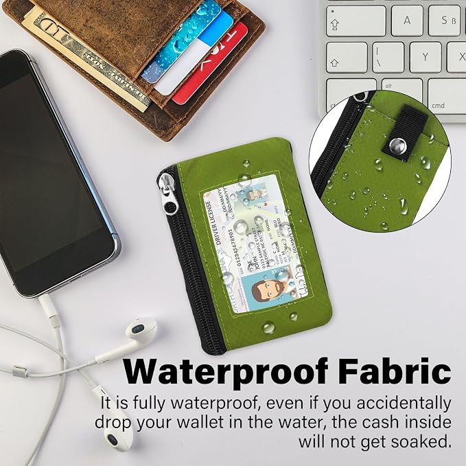 Minimalist Small Wallet for Men Women with 2 Zip Pockets, Multi Functional ID Case with Keychain and Card Holder, Coin Purse Badge Lanyard Pouch for Boys Girls Travel - Grass Green