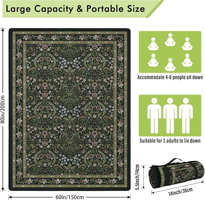 Floral Picnic Blankets Waterproof Foldable, 60″X80″ Packable Picnic Mat Vintage Outdoor Blanket for Grass, Large Beach Blanket Sandproof Picnic Accessories for Camping Music Festival Park Lawn Travel