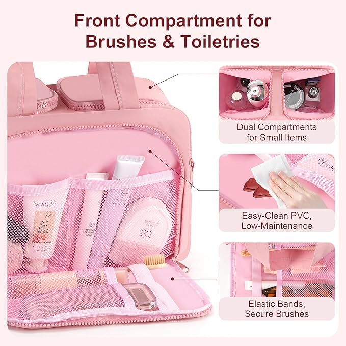 Travel Makeup Bag, Portable Travel Bag with Hanging Hook for Women, Waterproof and Hanging Toiletry Bags Travel Organizer Accessories for Travel Essentials,Dark Pink