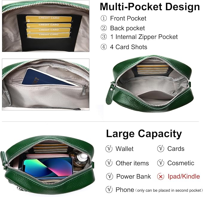 Small Crossbody Bags for Women Genuine Leather, Guitar Strap Shoulder Handbag Purse Camera Bag with Rfid Card Slots, Green