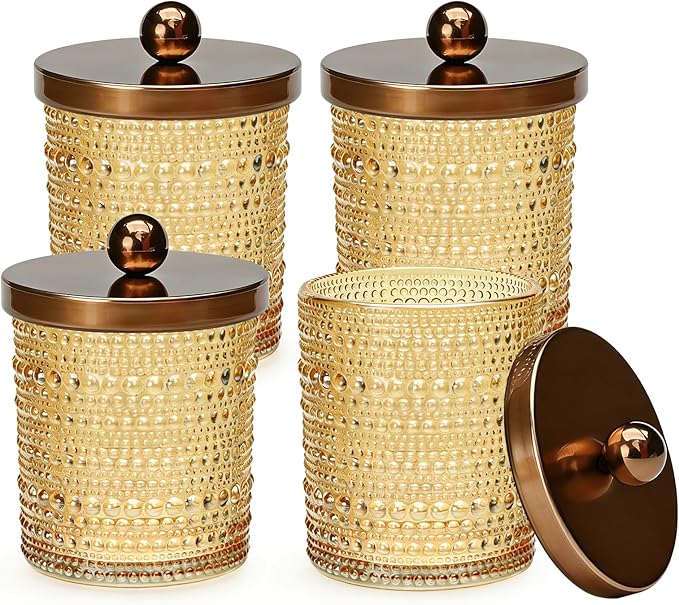 Flrolove 4 Pack Amber Glass Qtip Holder Dispenser, Bathroom Canister Storage Organizer for Cotton Swabs, Balls, Pads, Floss Picks with Metal Lid - Vanity Makeup Organizer and Bathroom Essentials