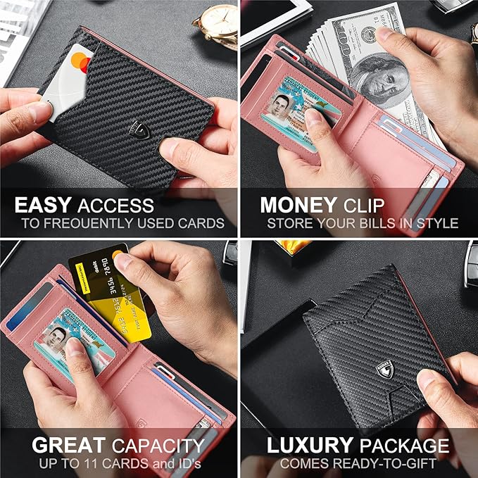 GSOIAX Slim Wallet for Men Rfid Blocking Leather Bifold Front Pocket Carbon Fiber Men's Money Clips Credit Card Holder With Gift Box