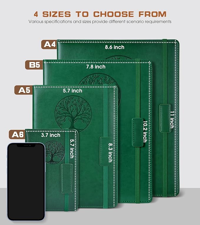 Biuwory Blank Journal Notebook for Women Men, Hardcover Leather Sketchbook 5.7"×8.3", 140 Pages Unlined Sketch book for Drawing, Writing, Travel, School & Work, Journaling Notebooks (Green)