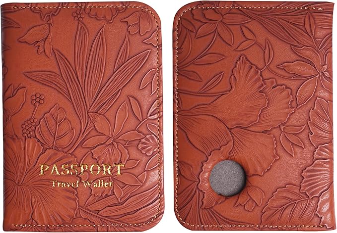 lizimandu Passport Holder with Airtag Slot, Airtag Passport Wallet for Men Women, Slim Leather Passport Holder Case Family for Travel Anti-Lost(1-Carved Light Brown)