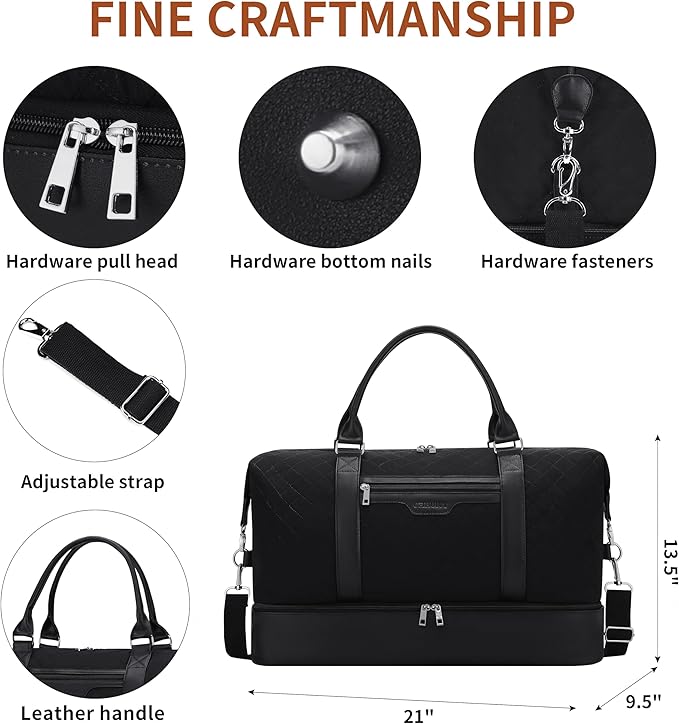 Oeihuivt Weekender Bags for Women - 21 Inch Large Travel Duffel Bag 2-Piece Set with Shoe Compartment, Heavy-Duty Canvas Leather Carry On Overnight Tote