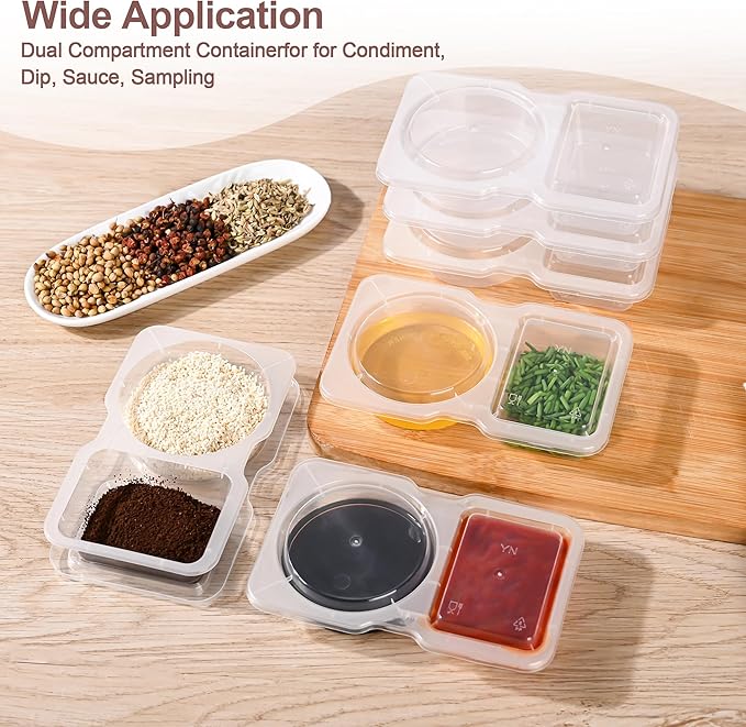 RXRRXR 20PCS Double Compartment Condiment Container With Lids - Reusable Snack Pack Containers for Take-out Sauces