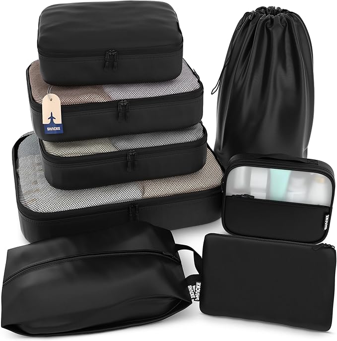 Shacke 8 Set Packing Cubes for Travel – Complete Luggage Organizer Set with Laundry, Shoe, Toiletry & Accessories Bag, Suitcase Travel Organizer (Air Black)